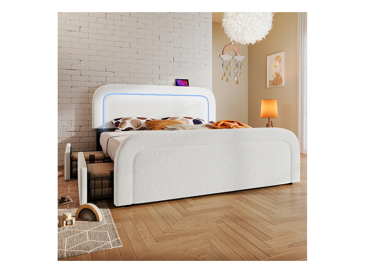 Letto per adulti 160 x 200 cm con 2 cassetti e testiera regolabile - USB + Type C - Tessuto Sherpa - bianco + Materasso