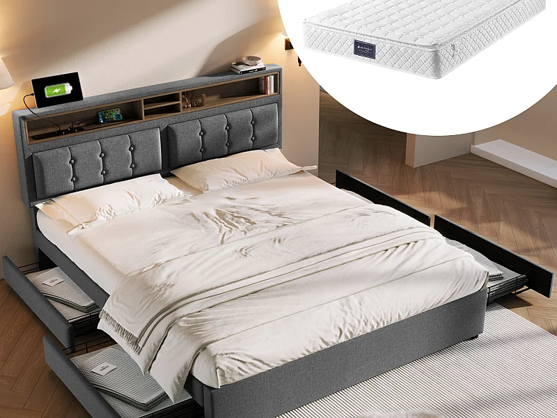 Cama com cabeceira regulável - 140 x 200 cm - 4 gavetas, prateleiras e tomada USB C - tecido linho - cor bege + Colchão