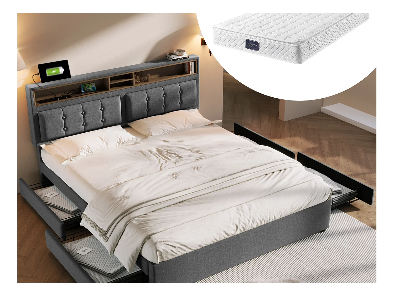 Lit avec tête de lit réglable - 140 x 200 cm - 4 tiroirs, étagères et prise USB C - tissu lin - coloris beige + Matelas