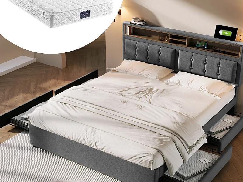 Lit double 160 x 200 cm avec 4 tiroirs et prise USB C - tête de lit réglable - gris + Matelas