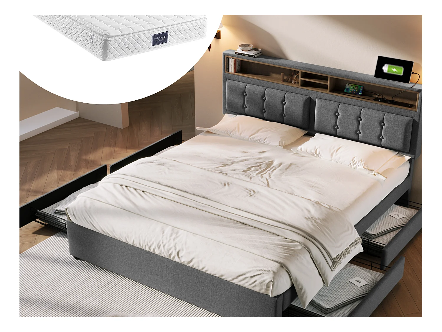 Doppelbett 140 x 200 cm mit 4 Schubladen und USB-C-Buchse – verstellbares Kopfteil – grau + Matratze