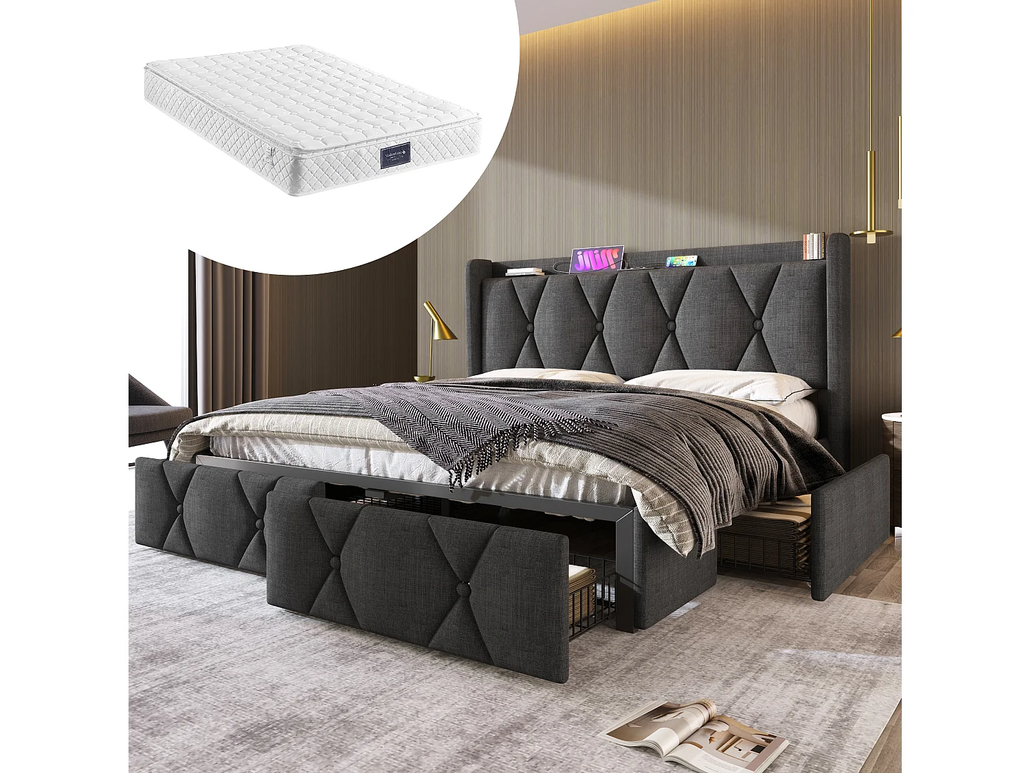 Polsterbett 140 x 200 cm mit Kopfteil und 4 Schubladen – USB – Leinenstoff – Grau + Matratze