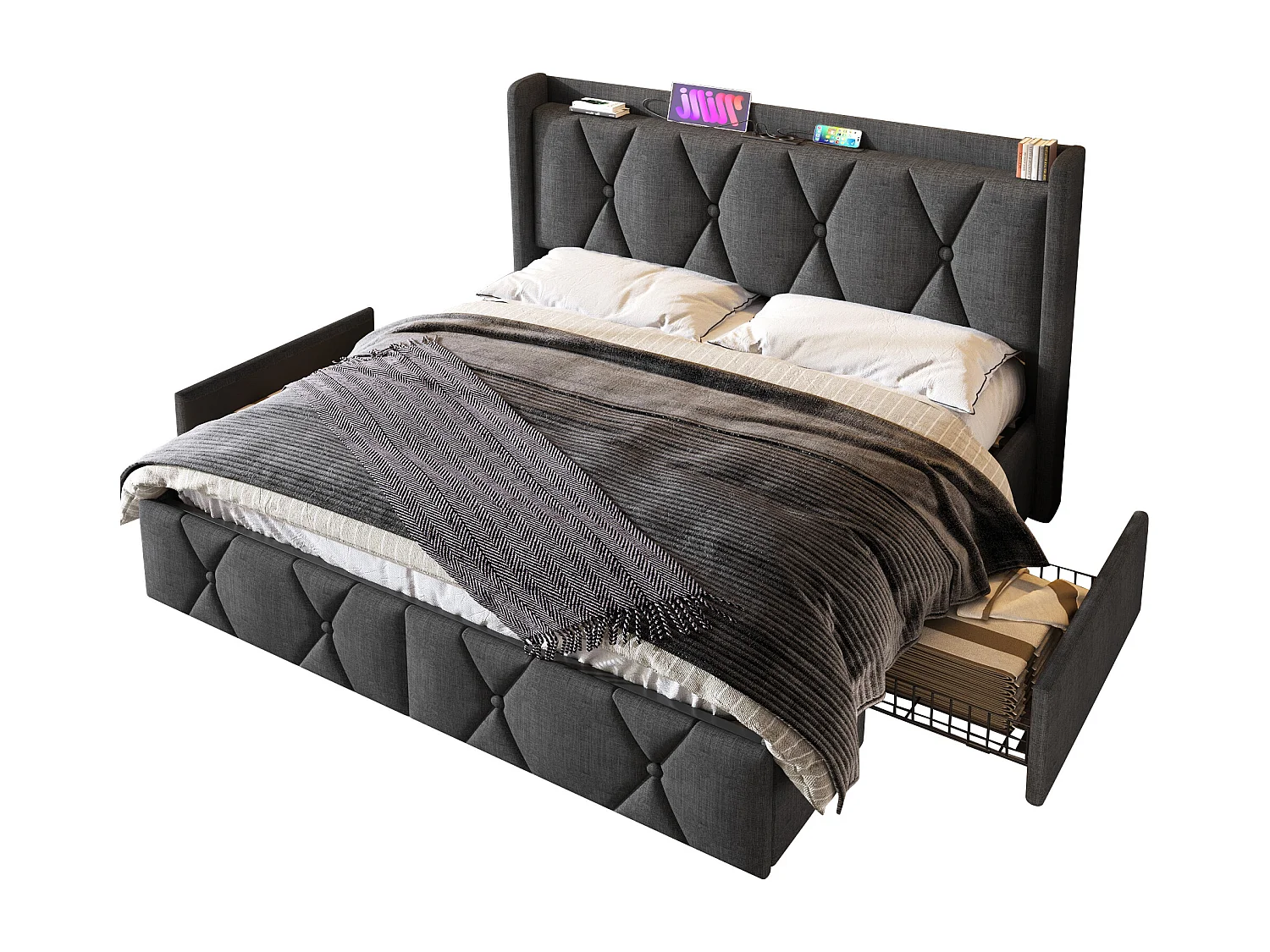 Lit capitonné 140 x 200 cm avec tête de lit et 4 tiroirs - USB - tissu en lin - gris + Matelas