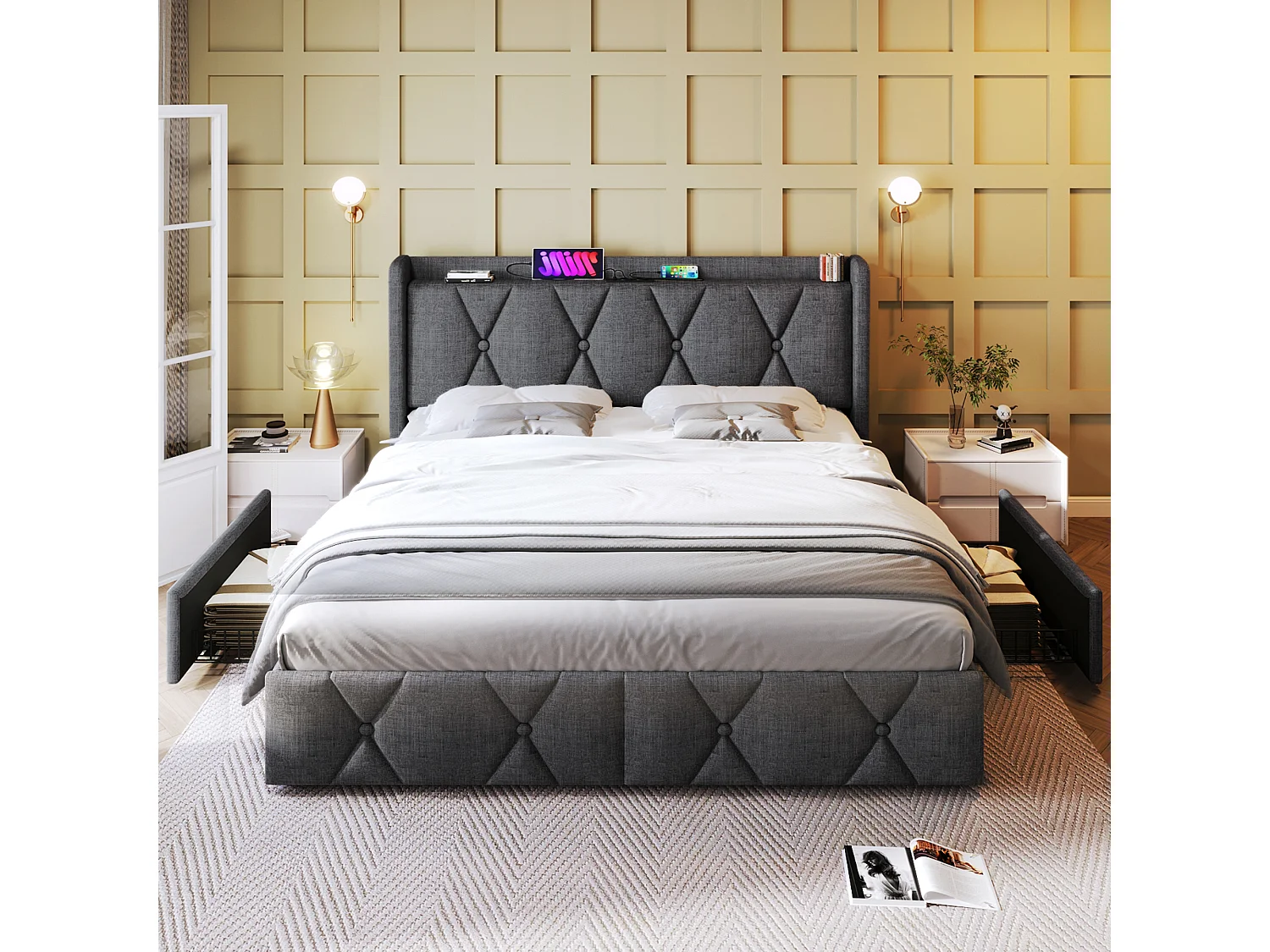 Lit capitonné 140 x 200 cm avec tête de lit et 4 tiroirs - USB - tissu en lin - gris + Matelas