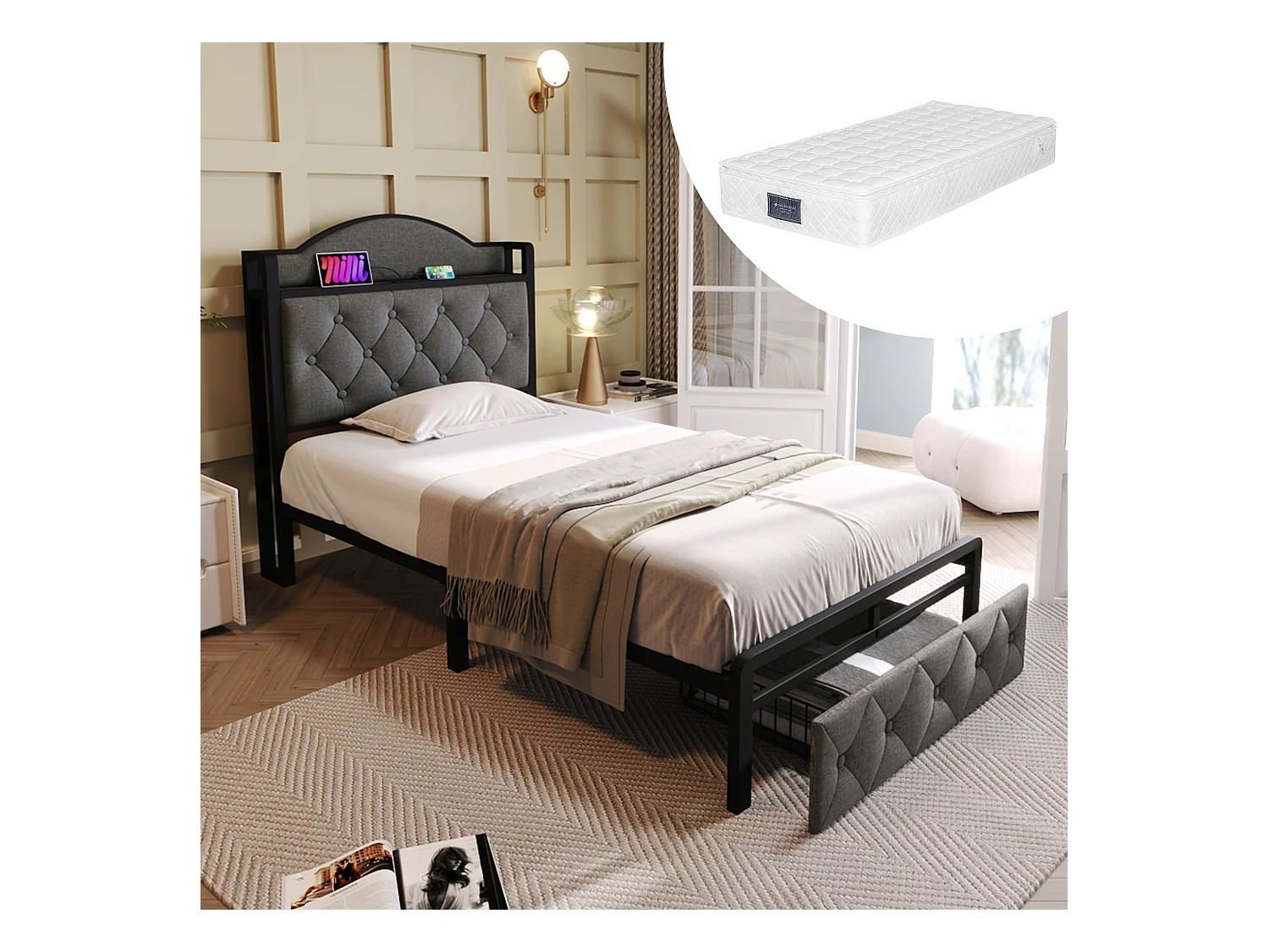 Kinderbed 90 x 200 cm met 1 lade - USB + Type C - Fluweel + metaal - Grijs + Matras