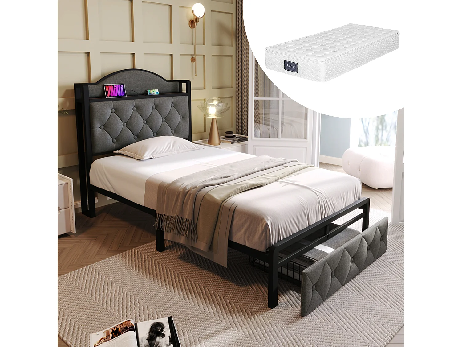 Kinderbed 90 x 200 cm met 1 lade - USB + Type C - Fluweel + metaal - Grijs + Matras