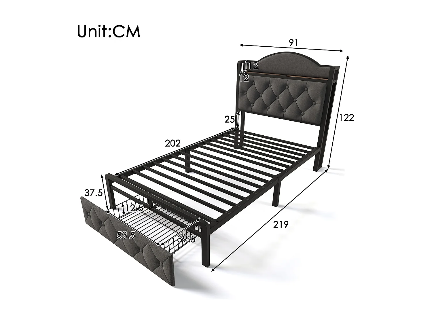 Kinderbed 90 x 200 cm met 1 lade - USB + Type C - Fluweel + metaal - Grijs + Matras