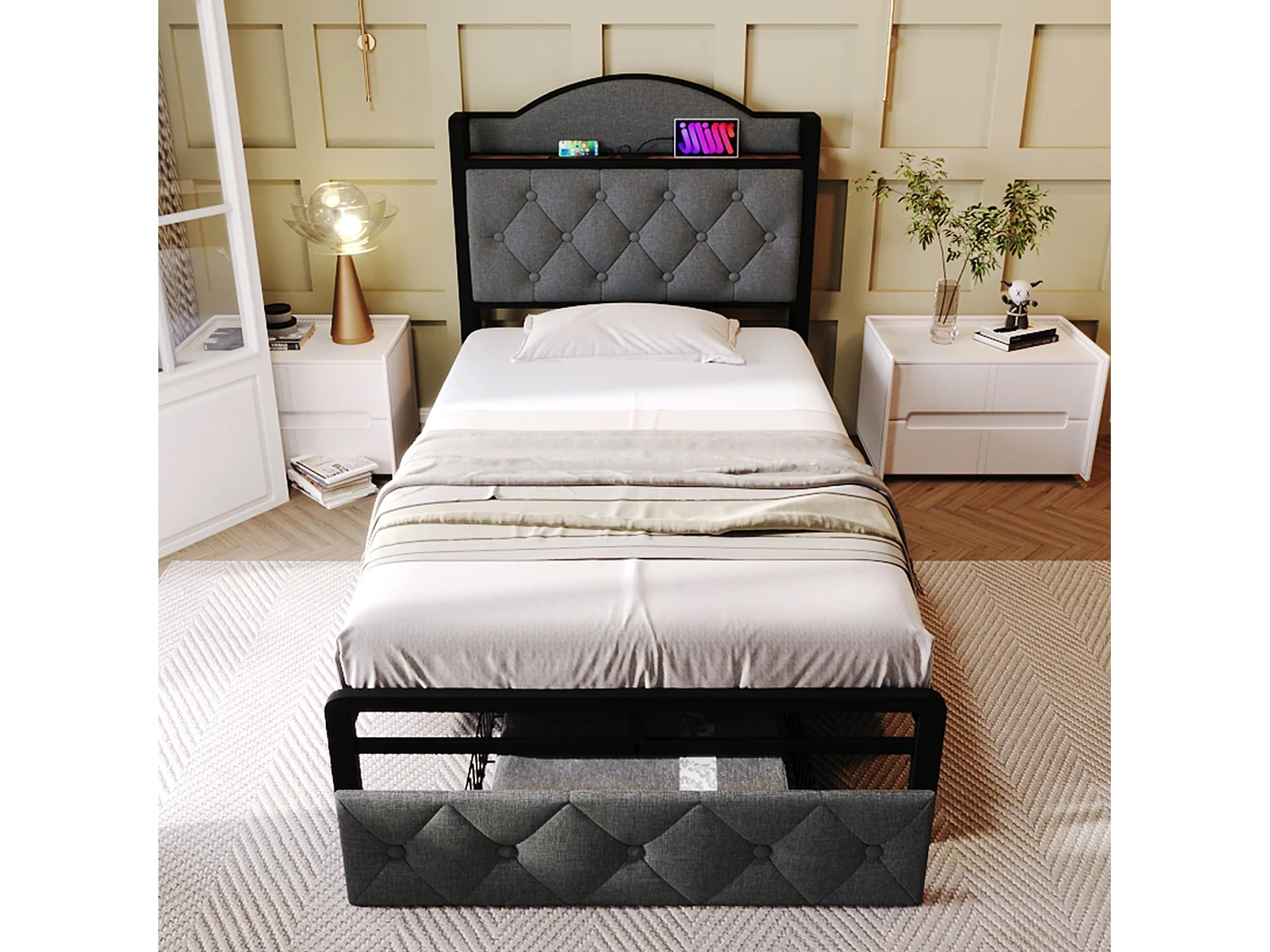 Kinderbed 90 x 200 cm met 1 lade - USB + Type C - Fluweel + metaal - Grijs + Matras