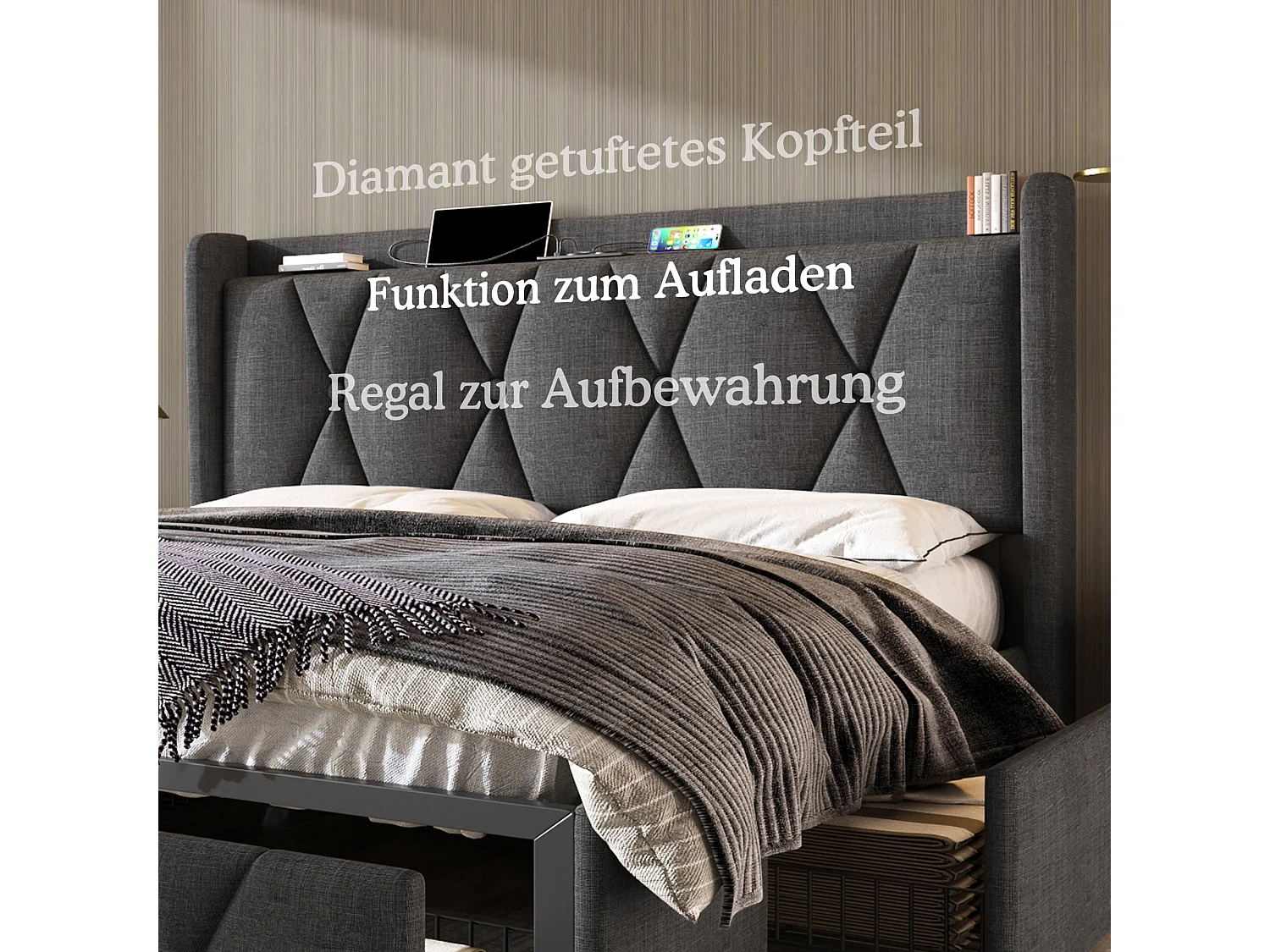 Polsterbett 160 x 200 cm mit Kopfteil und 4 Schubladen – USB – Leinenstoff – Grau + Matratze