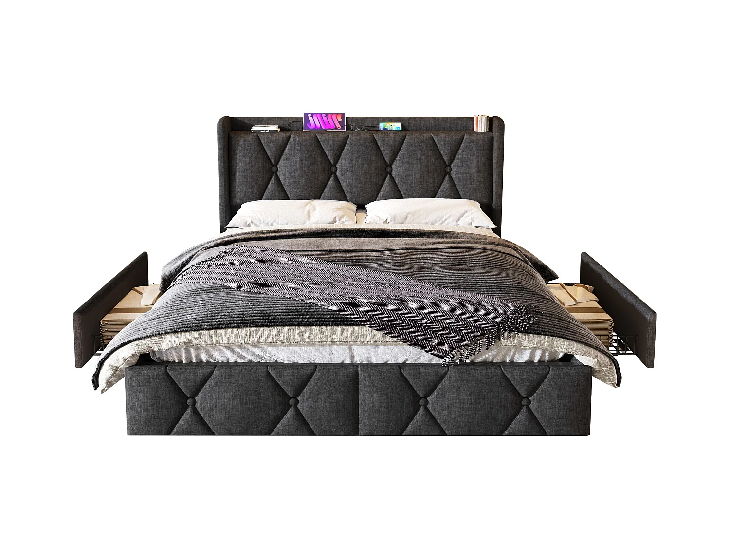 Polsterbett 160 x 200 cm mit Kopfteil und 4 Schubladen – USB – Leinenstoff – Grau + Matratze