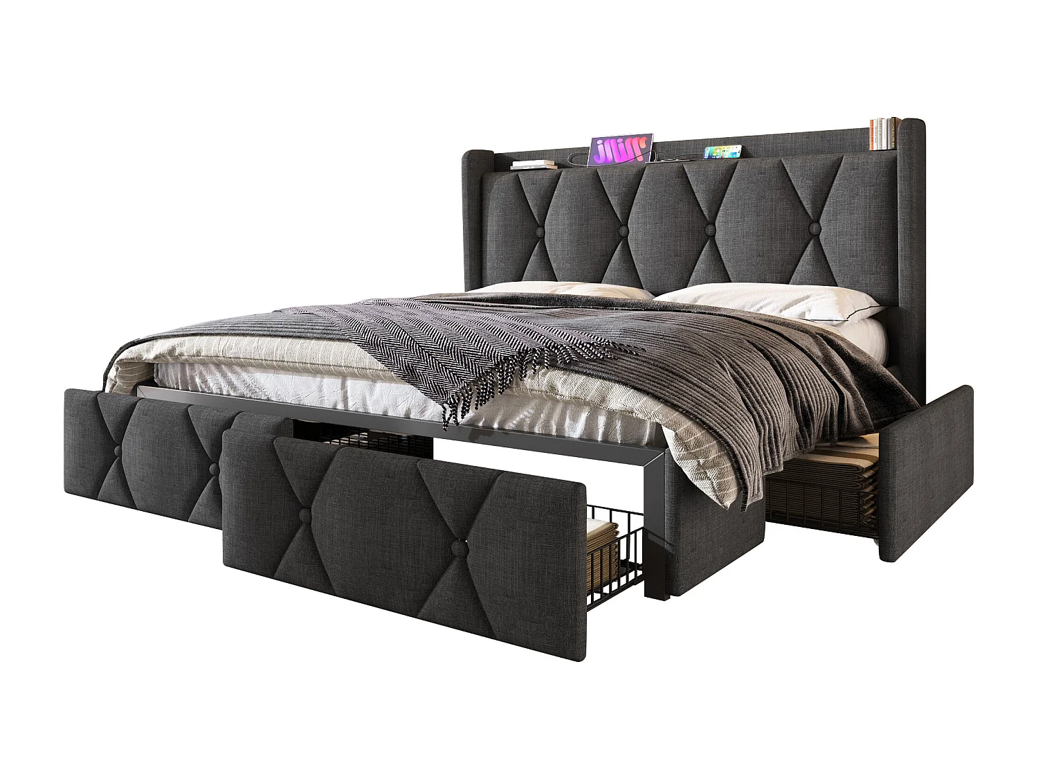 Lit capitonné 160 x 200 cm avec tête de lit et 4 tiroirs - USB - tissu en lin - gris + Matelas
