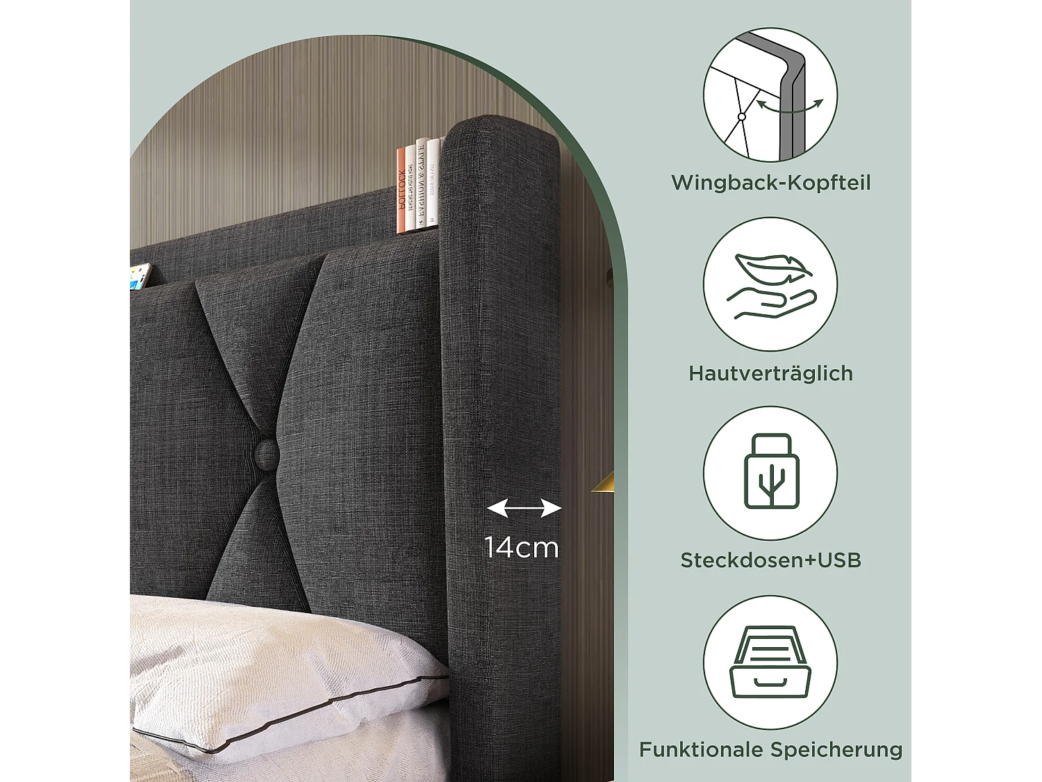 Lit capitonné 160 x 200 cm avec tête de lit et 4 tiroirs - USB - tissu en lin - gris + Matelas