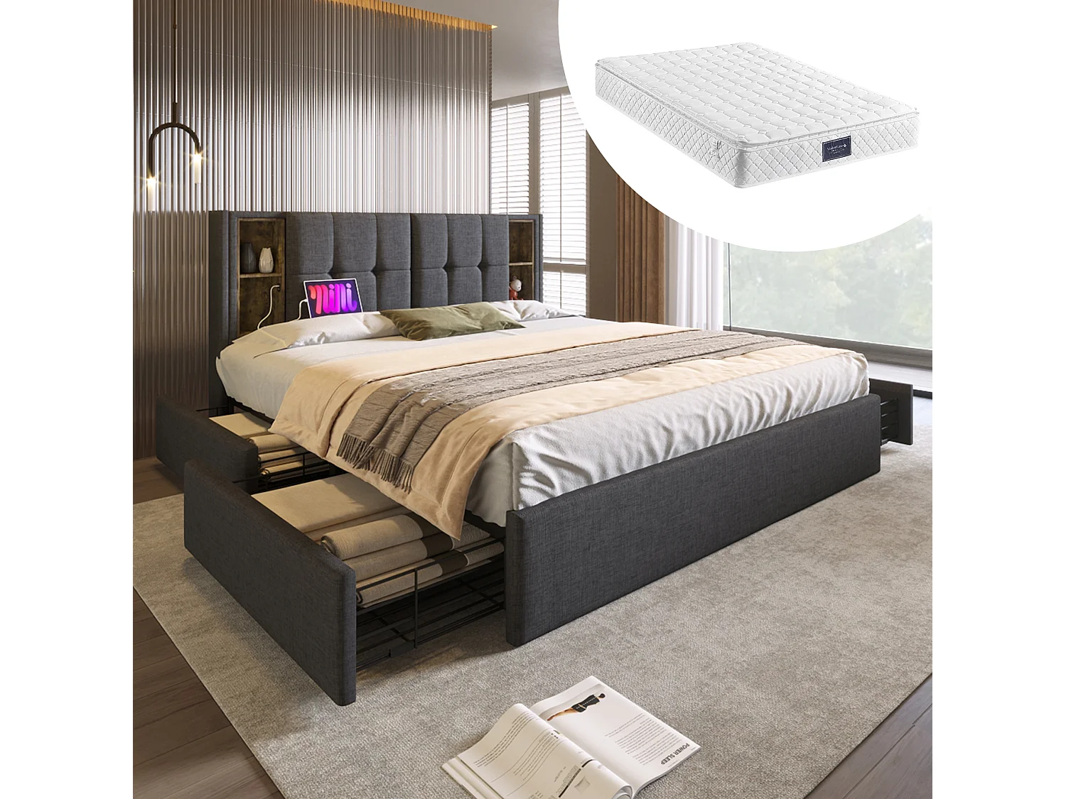 Lit double 160 x 200 cm avec recharge sans fil USB C & 4 tiroirs - velours - gris + Matelas
