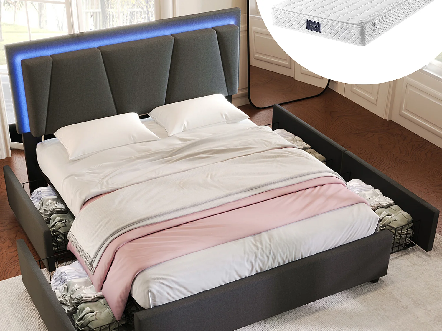 Cama 160 x 200 cm con cabecero regulable - 4 cajones - LED - somier - color gris + Colchón