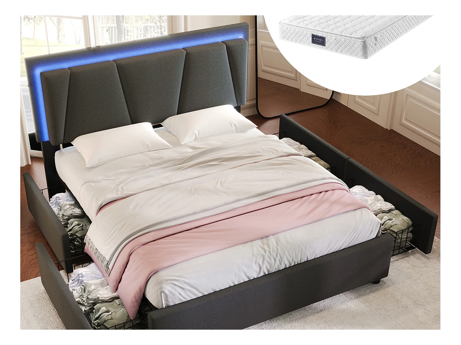 Lit 160 x 200 cm avec tête de lit réglable - 4 tiroirs - LEDs - Tissu lin - Coloris gris + Matelas