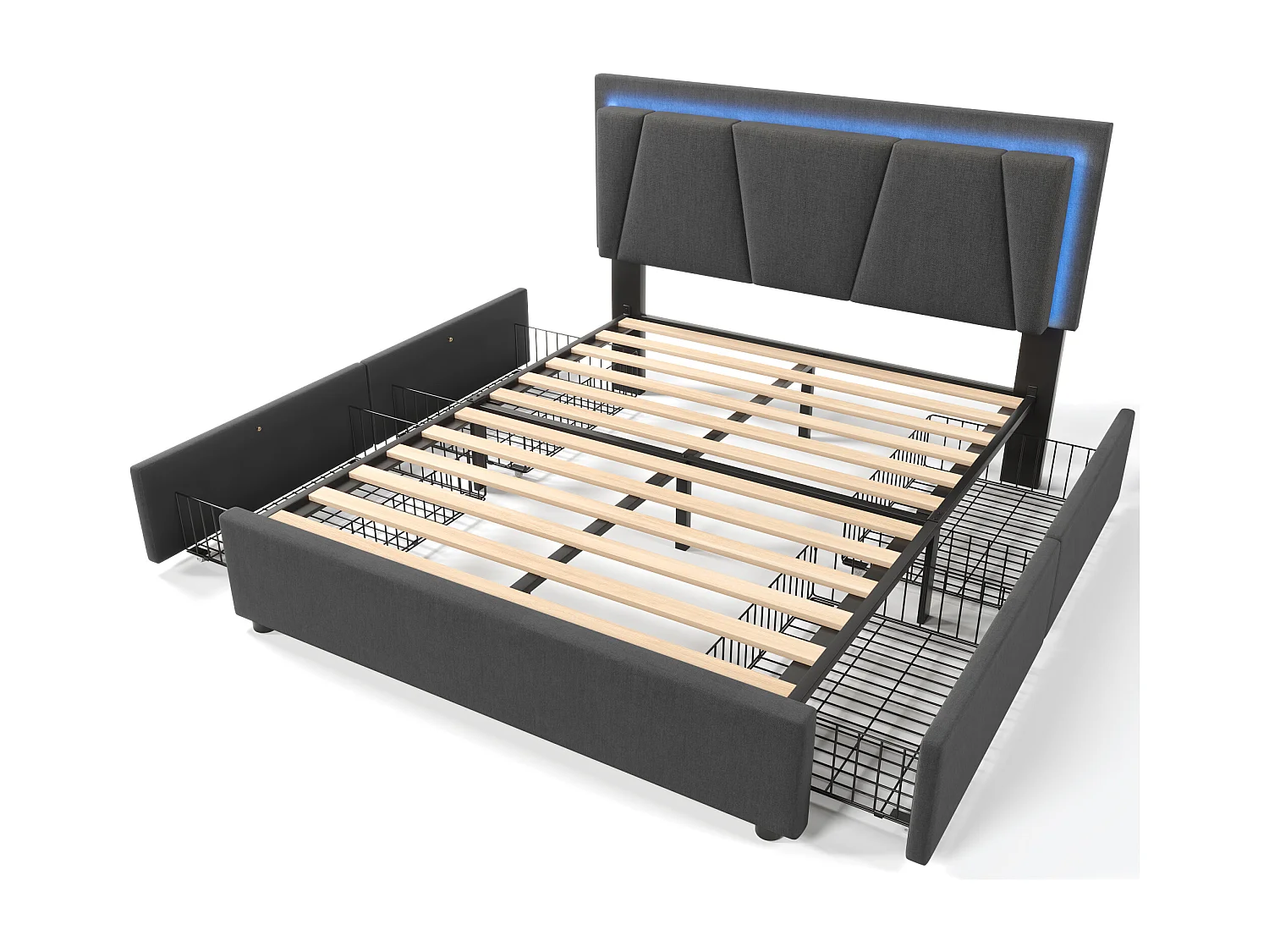 Lit 160 x 200 cm avec tête de lit réglable - 4 tiroirs - LEDs - Tissu lin - Coloris gris + Matelas