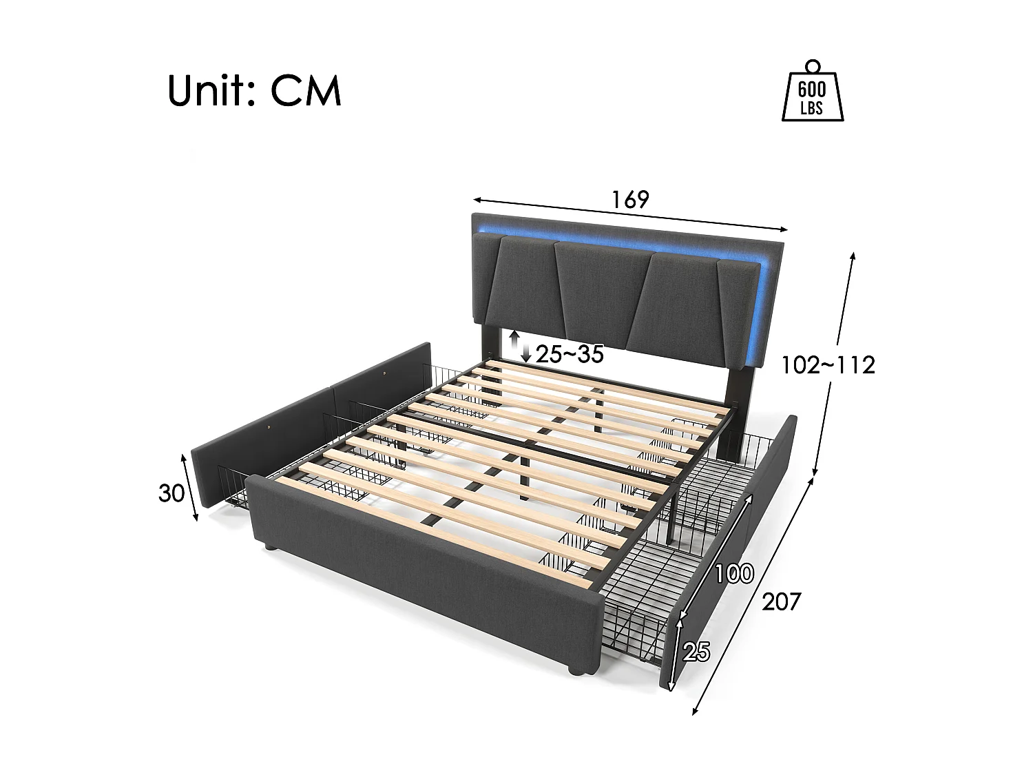 Lit 160 x 200 cm avec tête de lit réglable - 4 tiroirs - LEDs - Tissu lin - Coloris gris + Matelas