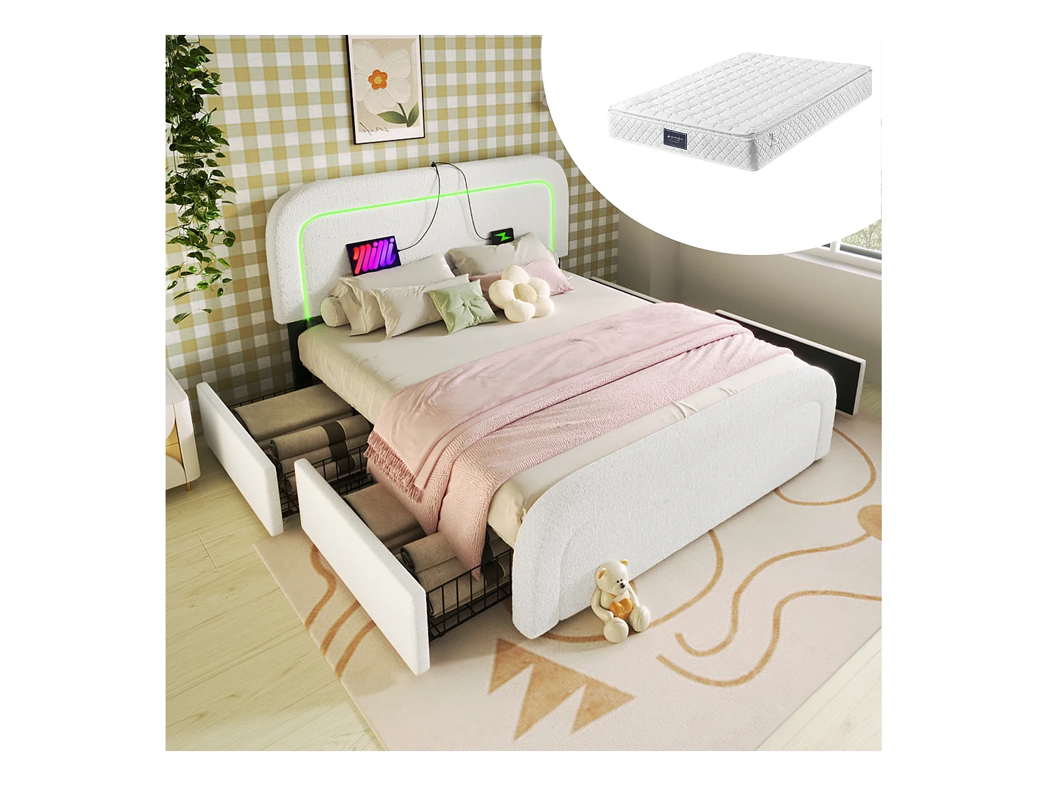 Lit adulte 140 x 200 cm avec 2 tiroirs et tête de lit réglable - USB + Type C - Tissu sherpa - blanc + Matelas