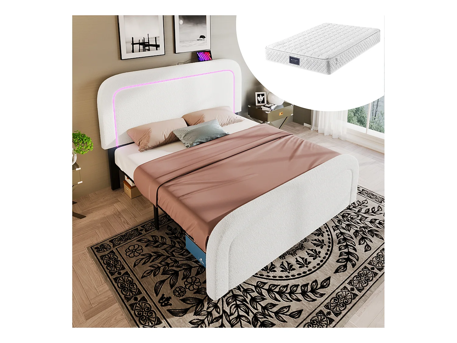 Erwachsenenbett 140 x 200 cm mit verstellbarem Kopfteil – USB + Typ C + LEDs – Sherpa-Stoff – Weiß – Grau + Matratze