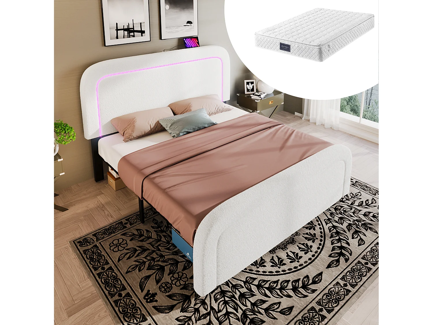 Lit adulte 140 x 200 cm avec tête de lit réglable - USB + Type C + LEDs - Tissu sherpa - blanc - gris + Matelas