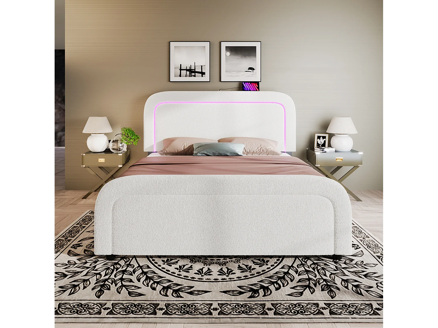 Lit adulte 140 x 200 cm avec tête de lit réglable - USB + Type C + LEDs - Tissu sherpa - blanc - gris + Matelas