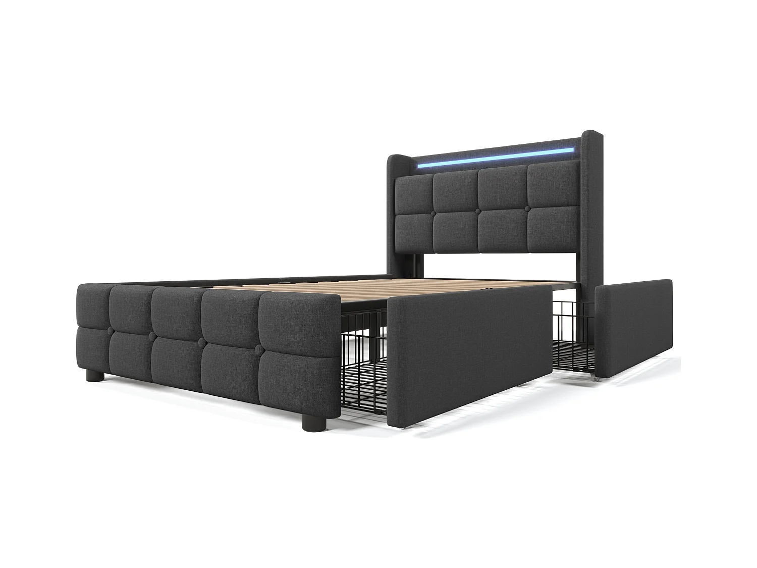 Lit capitonné enfant 90 x 200 cm avec 2 tiroirs - USB + LEDs - tissu en lin - gris + Matelas