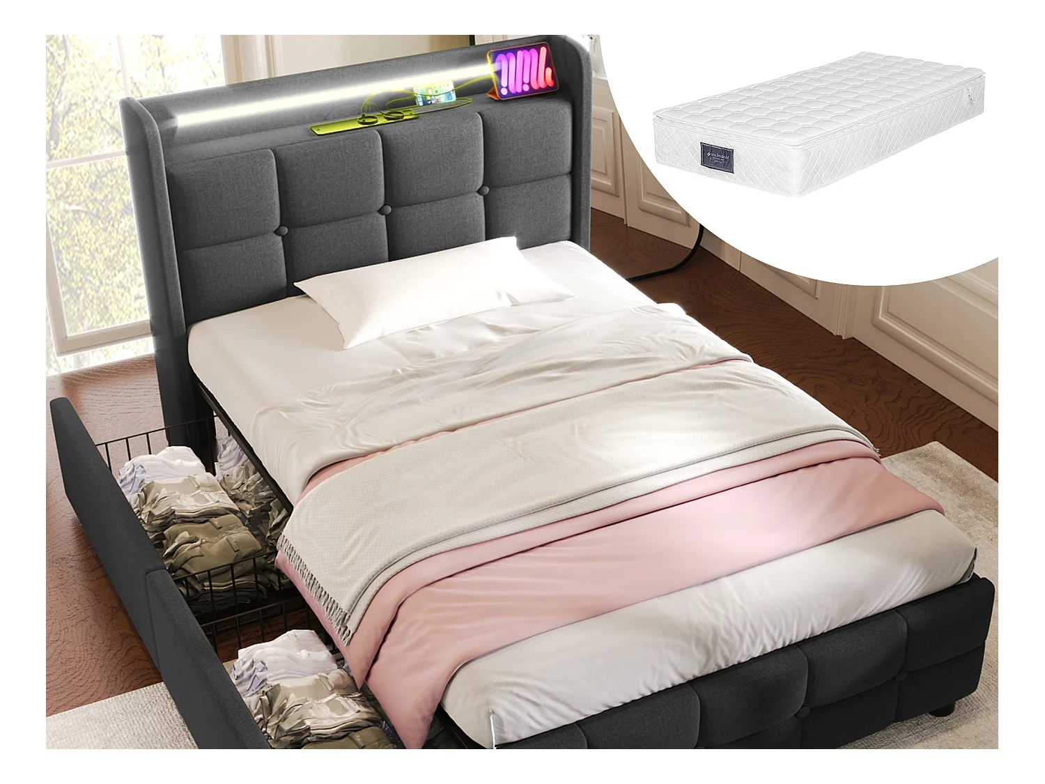 Lit capitonné enfant 90 x 200 cm avec 2 tiroirs - USB + LEDs - tissu en lin - gris + Matelas