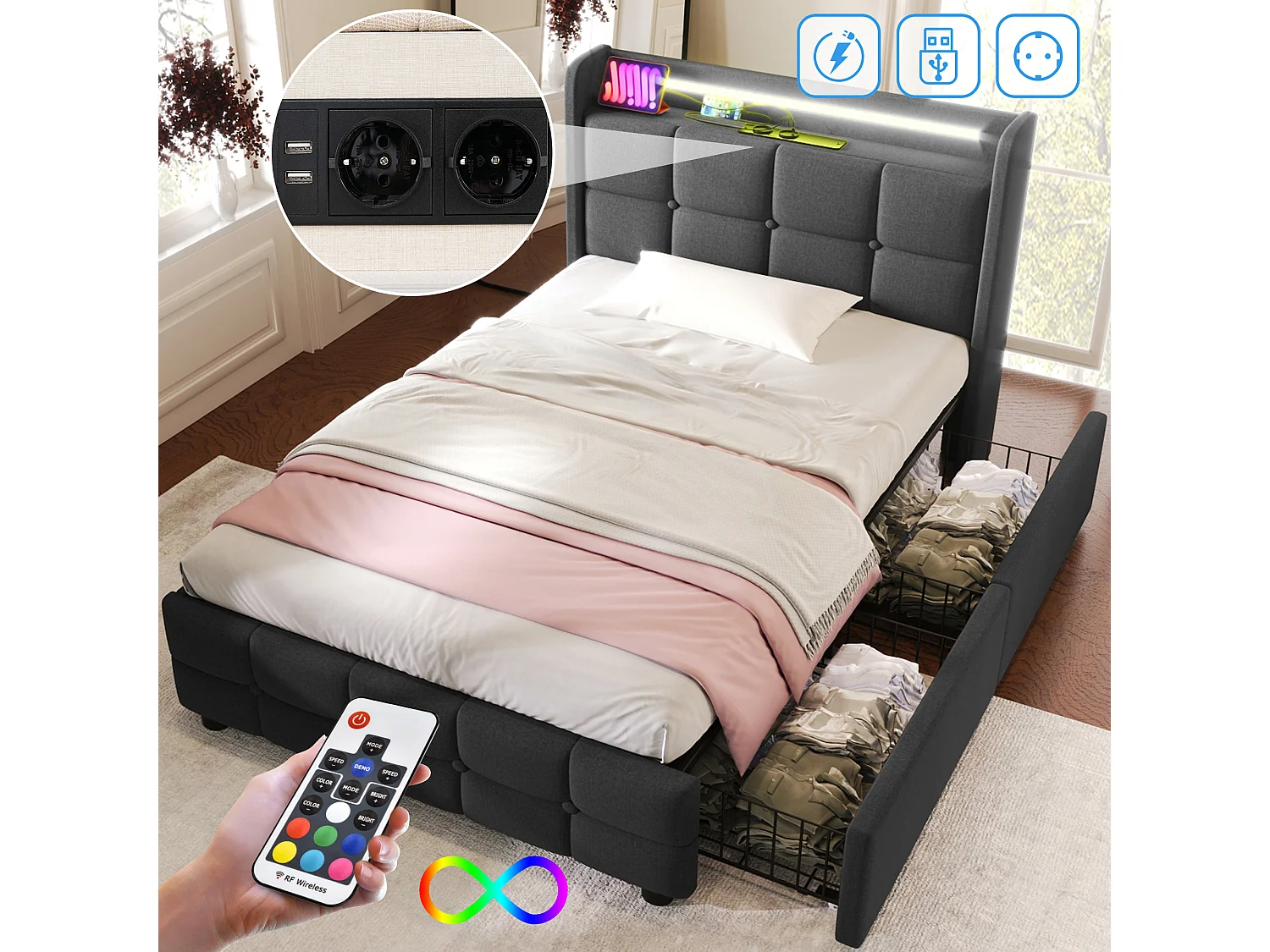 Lit capitonné enfant 90 x 200 cm avec 2 tiroirs - USB + LEDs - tissu en lin - gris + Matelas