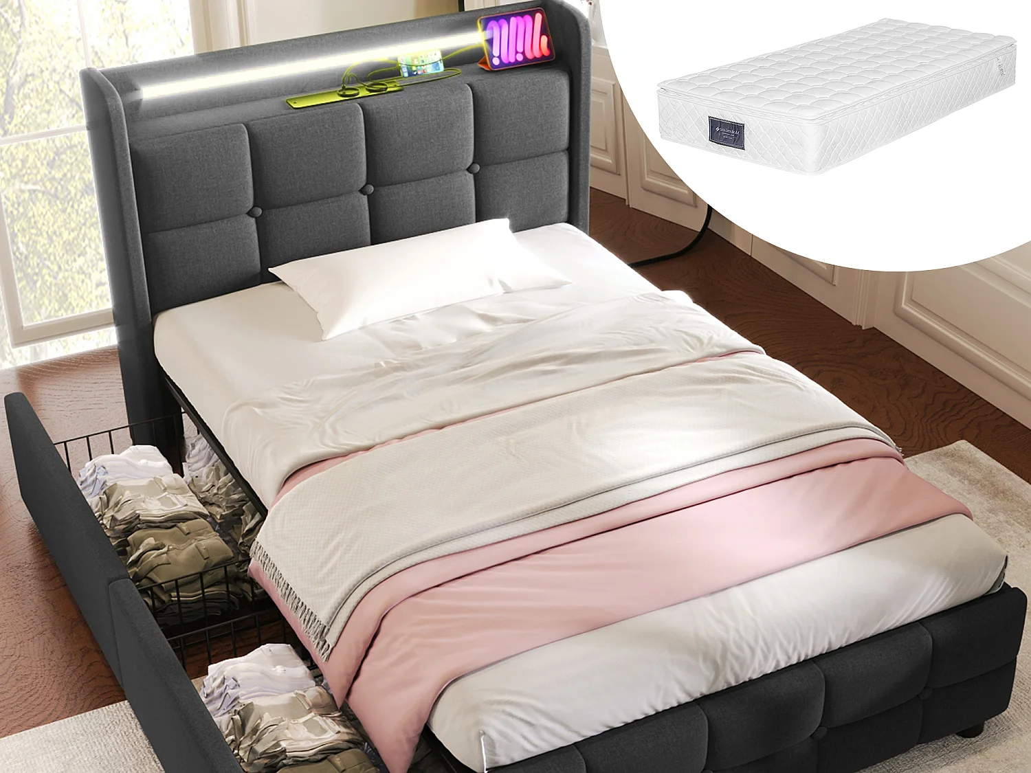 Lit capitonné enfant 90 x 200 cm avec 2 tiroirs - USB + LEDs - tissu en lin - gris + Matelas