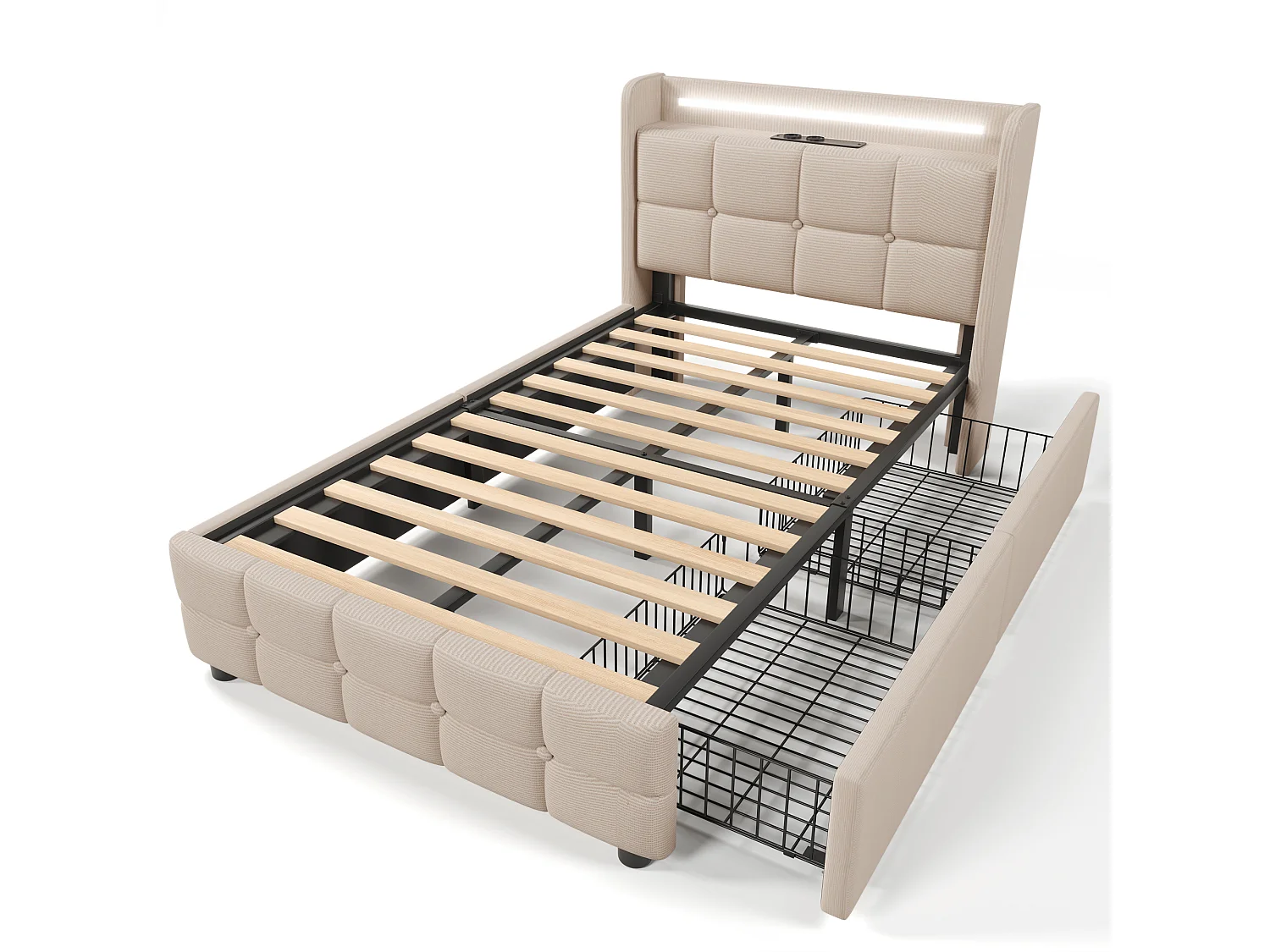 Lit capitonné enfant 90 x 200 cm avec 2 tiroirs - USB + LEDs - tissu en lin - beige + Matelas