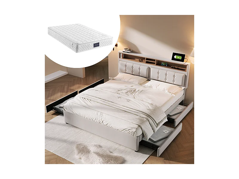 Letto matrimoniale 140 x 200 cm con 4 cassetti e presa USB C - testiera regolabile - beige + Materasso