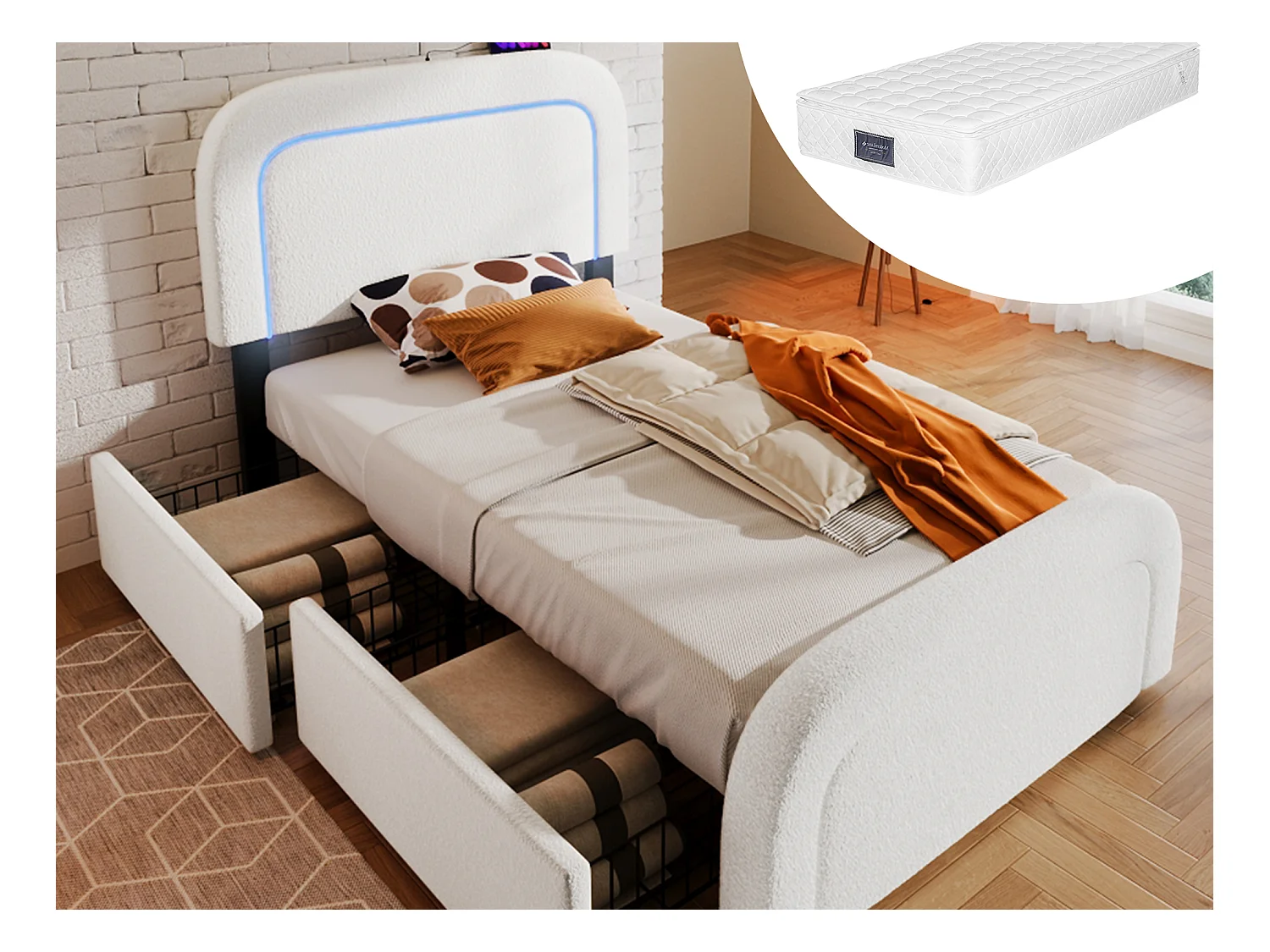 Lit adulte 90 x 200 cm avec 2 tiroirs et tête de lit réglable - USB + Type C - Tissu sherpa - blanc + Matelas