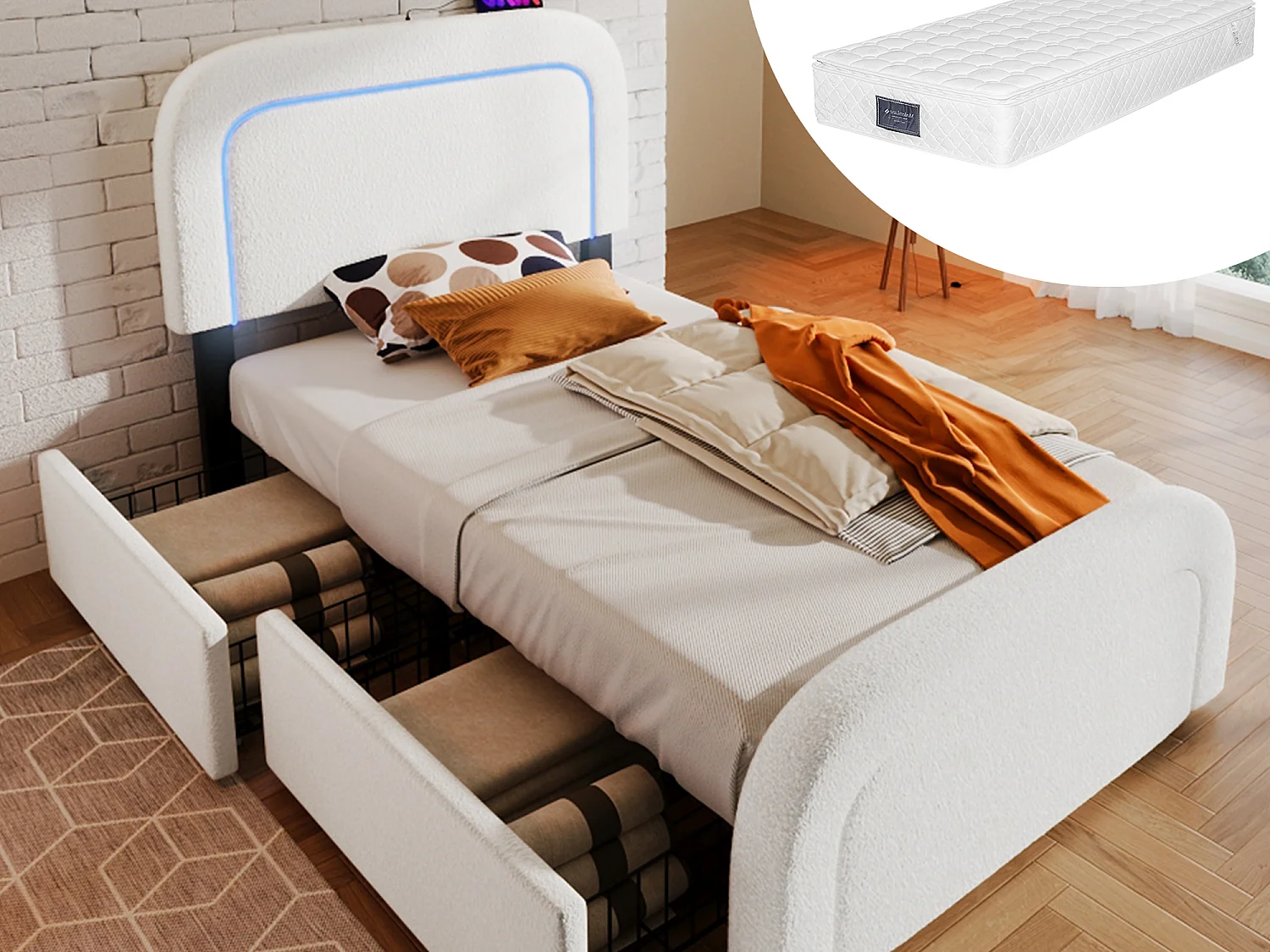 Lit adulte 90 x 200 cm avec 2 tiroirs et tête de lit réglable - USB + Type C - Tissu sherpa - blanc + Matelas