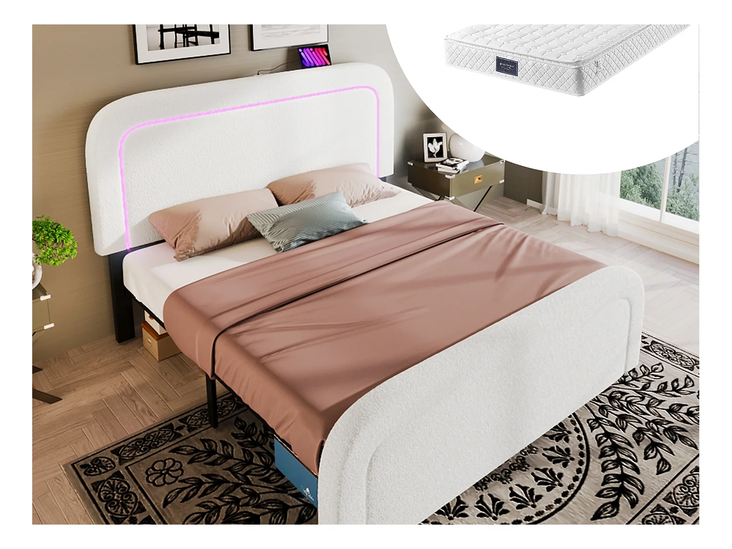 Lit adulte 160 x 200 cm avec tête de lit réglable - USB + Type C + LEDs - Tissu sherpa - blanc + Matelas