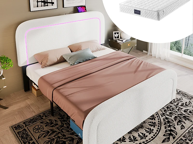Volwassen bed 160 x 200 cm met verstelbaar hoofdeinde - USB + Type C + LED's - Sherpa stof - wit + Matras