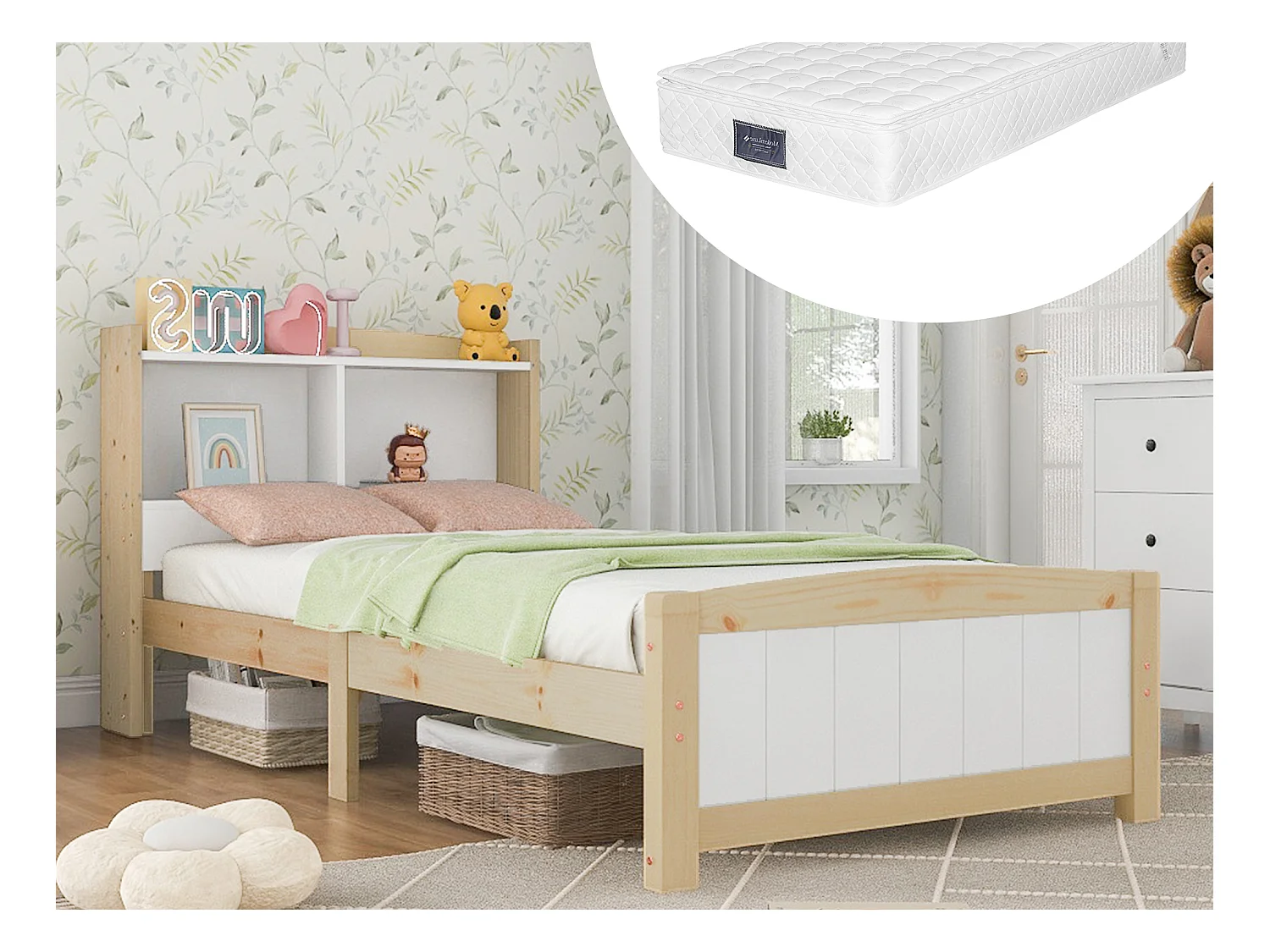 Cama infantil 90 x 200 cm con cabecero - madera maciza - natural + blanco + Colchón