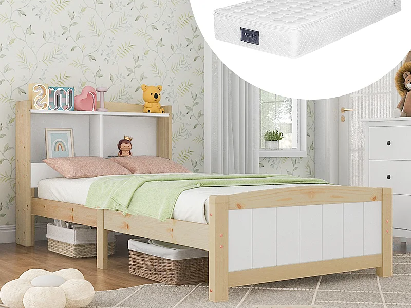 Cama infantil 90 x 200 cm con cabecero - madera maciza - natural + blanco + Colchón