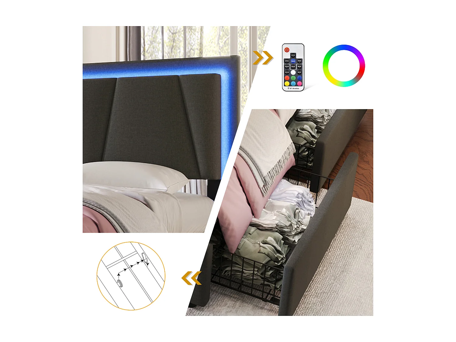 Gestoffeerd kinderbed 90 x 200 cm 2 lades + verstelbaar hoofdeinde - LED's - Grijs + Matras