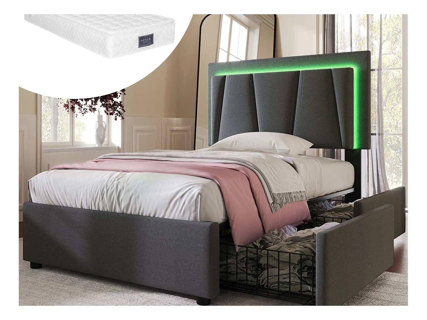 Gestoffeerd kinderbed 90 x 200 cm 2 lades + verstelbaar hoofdeinde - LED's - Grijs + Matras