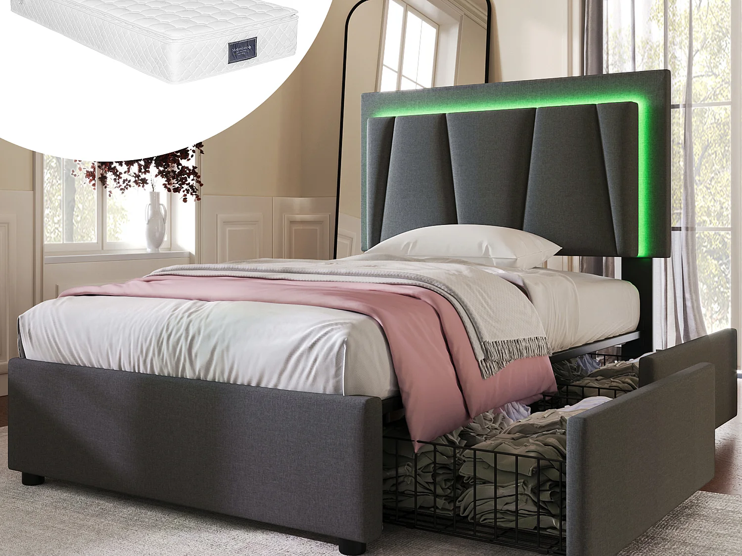 Cama infantil tapizada 90 x 200 cm 2 cajones + cabecero regulable - LED - Gris + Colchón