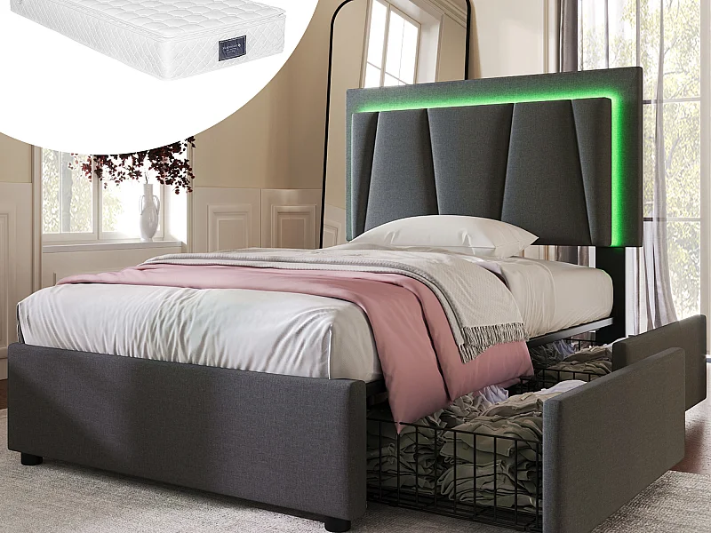 Lit capitonné enfant 90 x 200 cm 2 tiroirs + tête de lit réglable - LEDs - Tissu lin - Gris + Matelas