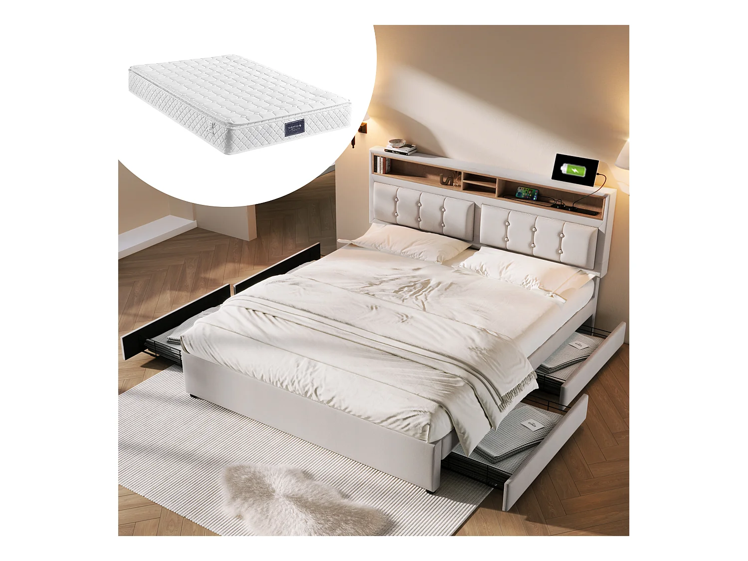 Lit avec tête de lit réglable - 140 x 200 cm - 4 tiroirs, étagères et prise USB C - tissu lin - coloris beige + Matelas