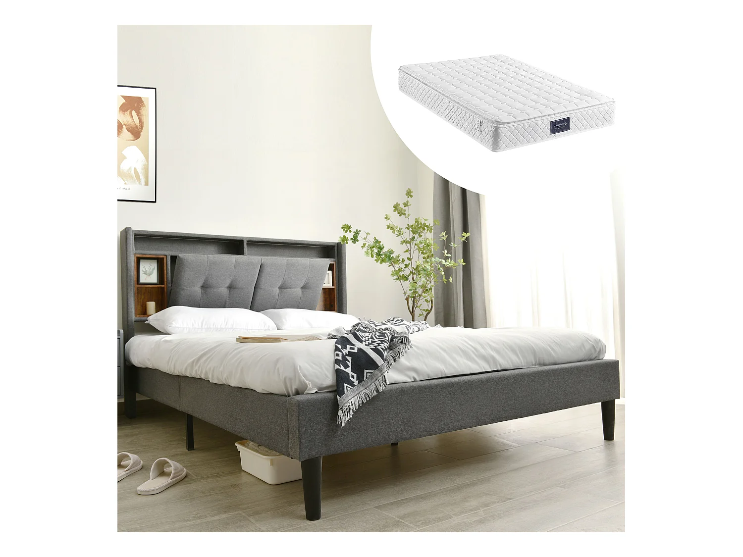 Cama tapizada 140 x 200 cm con cabecero - USB y LED - Tela de lino - gris + Colchón