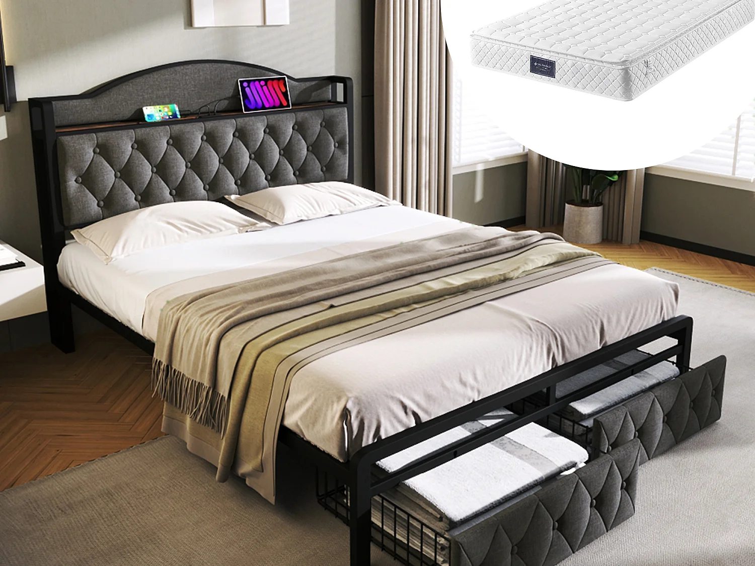 Lit 140 x 200 cm avec tête de lit rangement et 2 tiroirs - USB + Type C - velours + métal - gris + Matelas