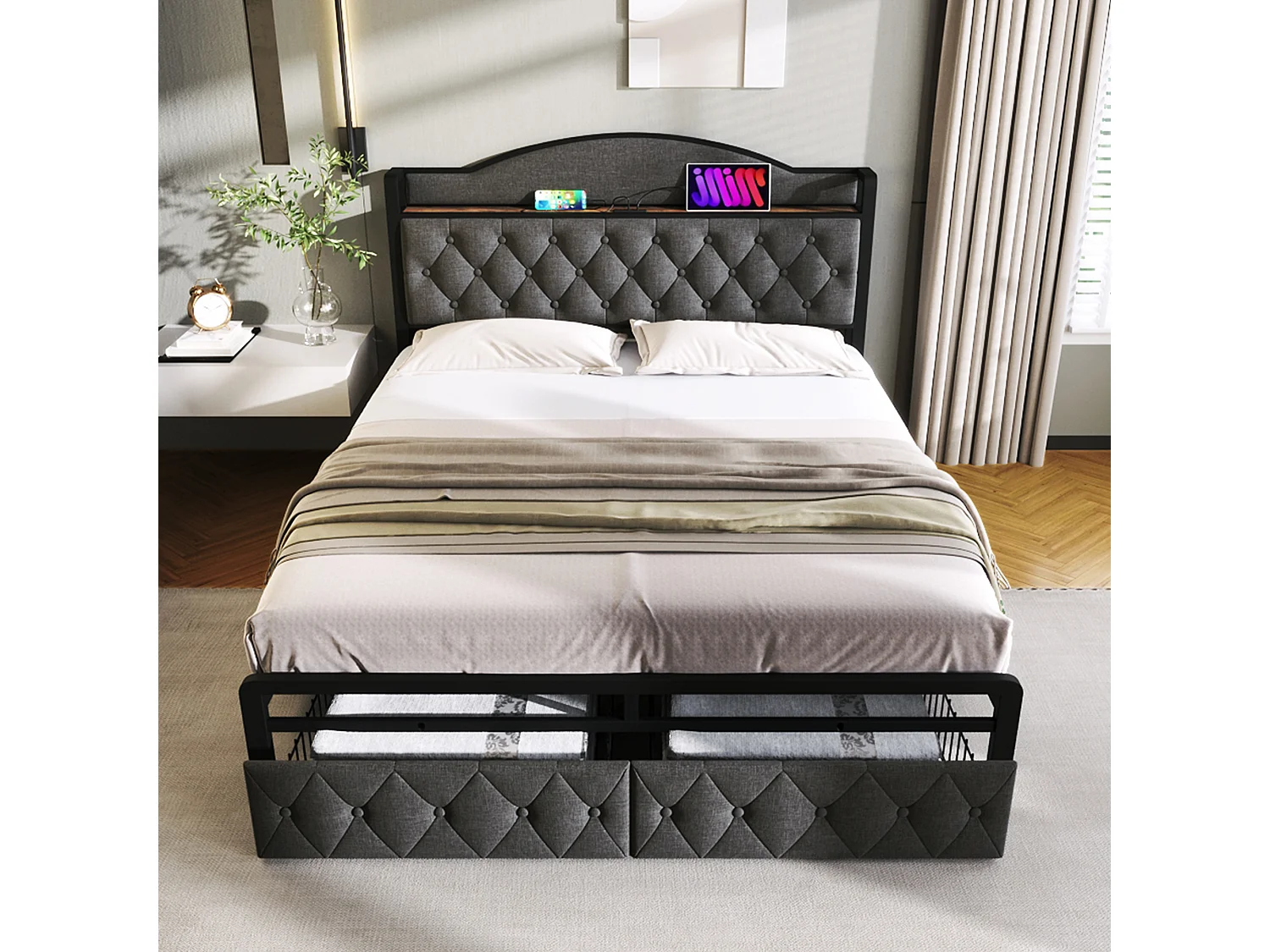 Lit 140 x 200 cm avec tête de lit rangement et 2 tiroirs - USB + Type C - velours + métal - gris + Matelas