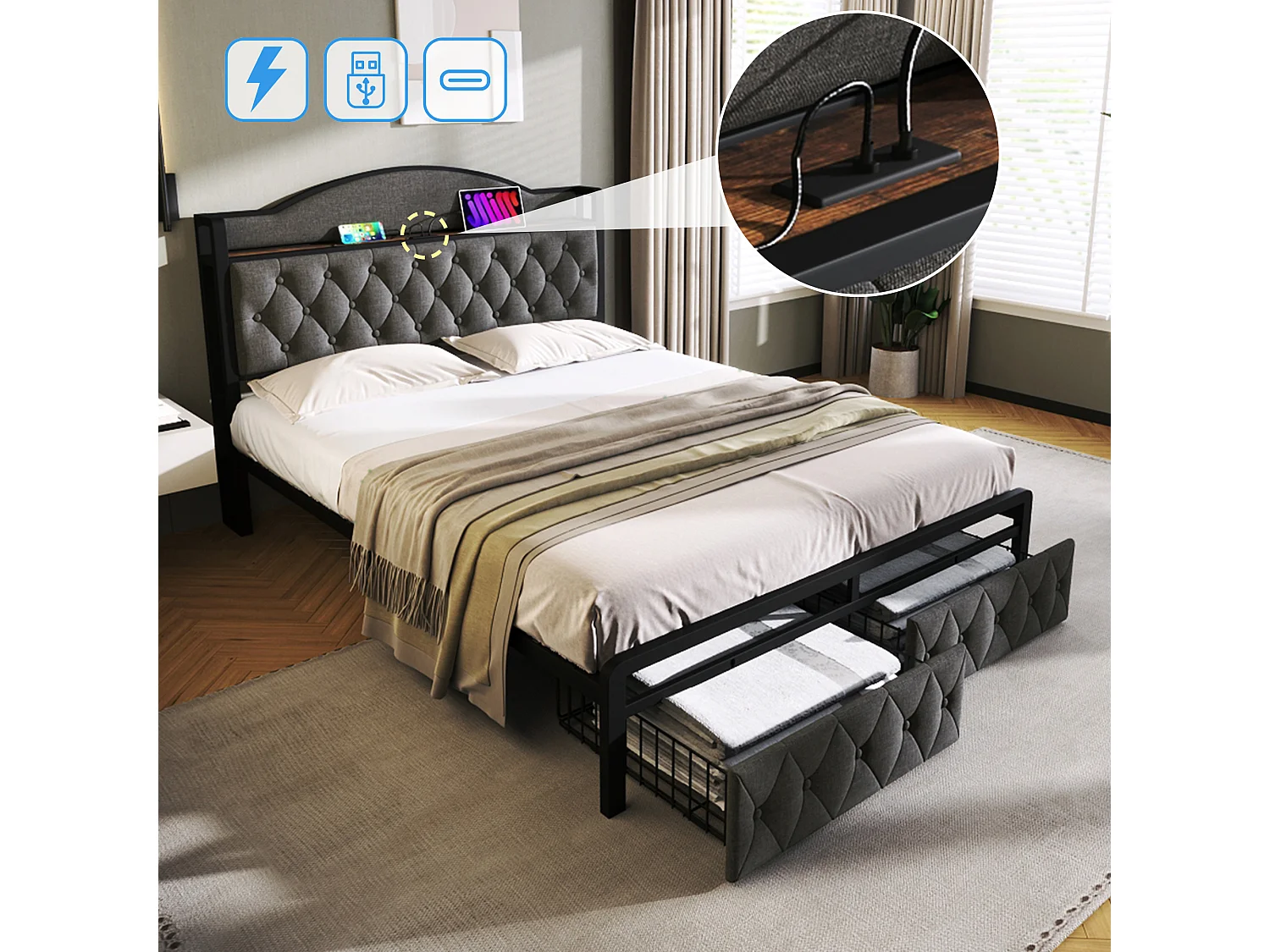 Lit 140 x 200 cm avec tête de lit rangement et 2 tiroirs - USB + Type C - velours + métal - gris + Matelas