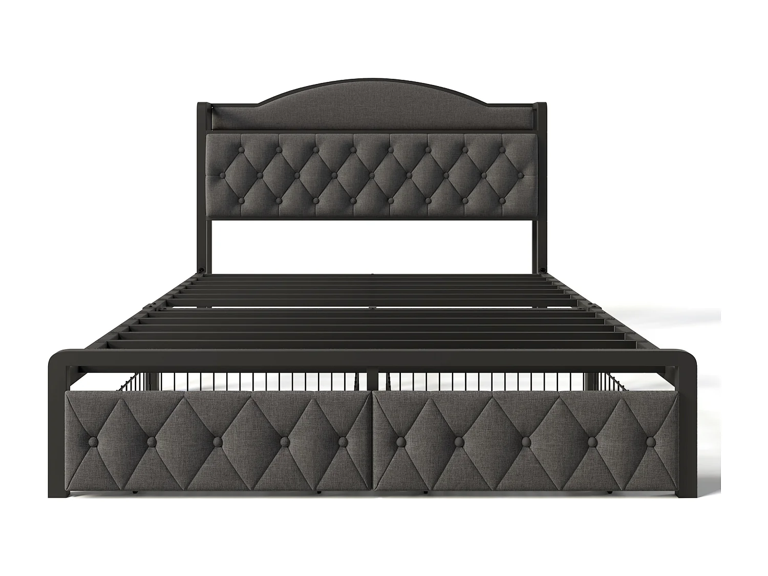 Lit 140 x 200 cm avec tête de lit rangement et 2 tiroirs - USB + Type C - velours + métal - gris + Matelas