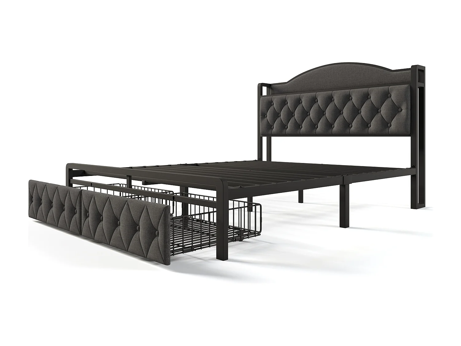 Lit 140 x 200 cm avec tête de lit rangement et 2 tiroirs - USB + Type C - velours + métal - gris + Matelas