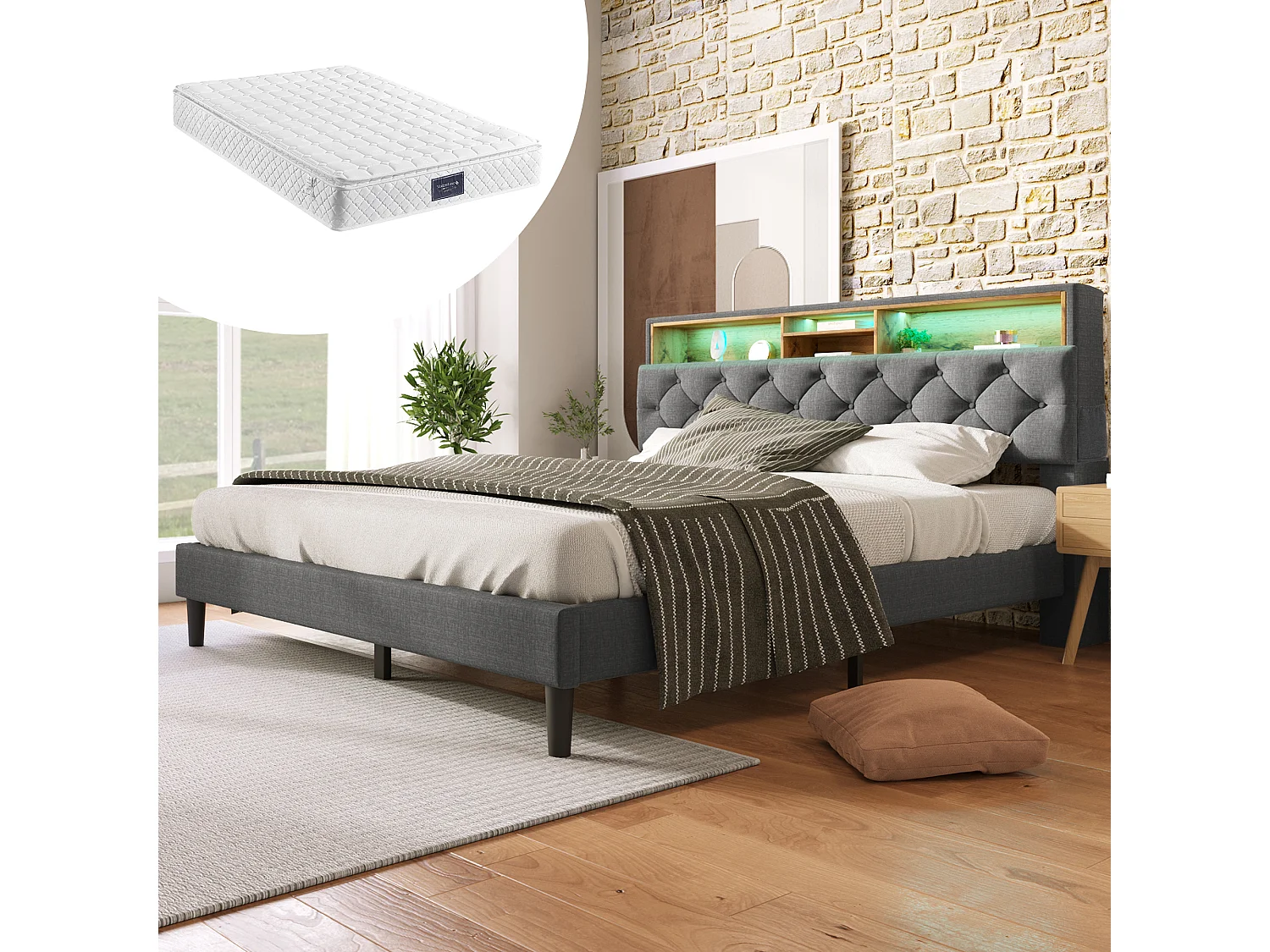 Lit capitonné 140 x 200 cm avec tête de lit rangement - USB et LEDs - Tissu lin - Gris + Matelas