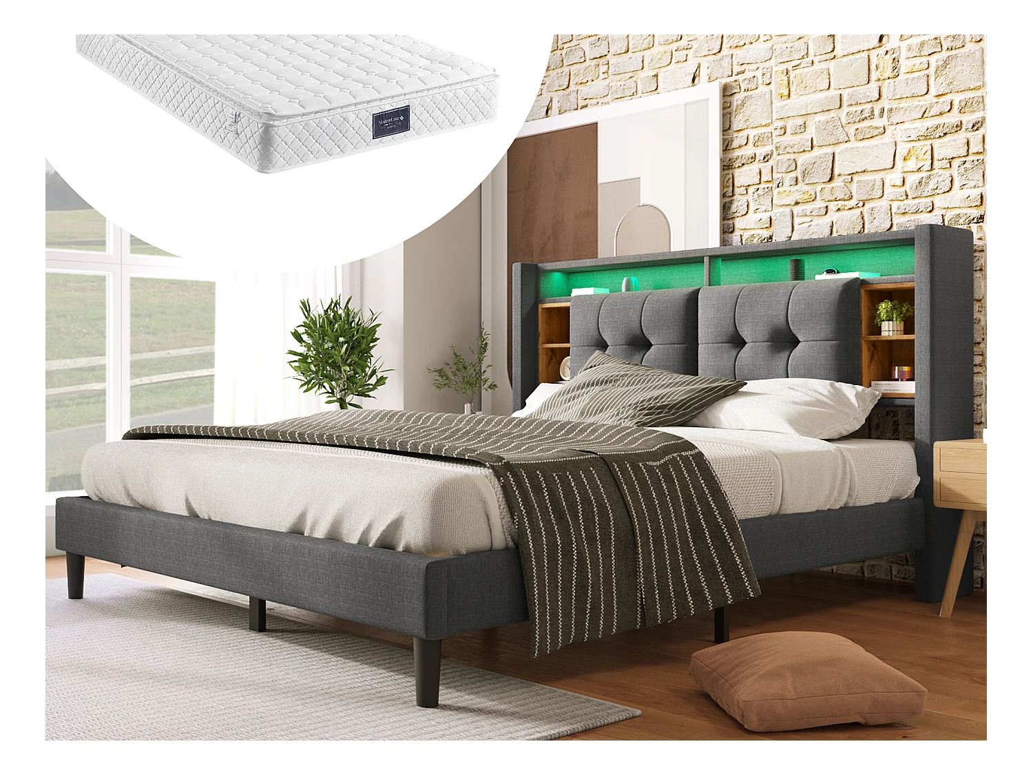 Lit capitonné 160 x 200 cm avec tête de lit - USB et LEDs - Tissu Lin - gris + Matelas